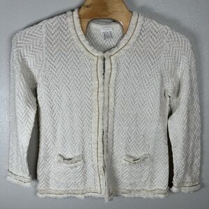 Chicos Womens Size 3/XL Ivory Metallic Cardigan Jacket Chain Detail Cotton Blend